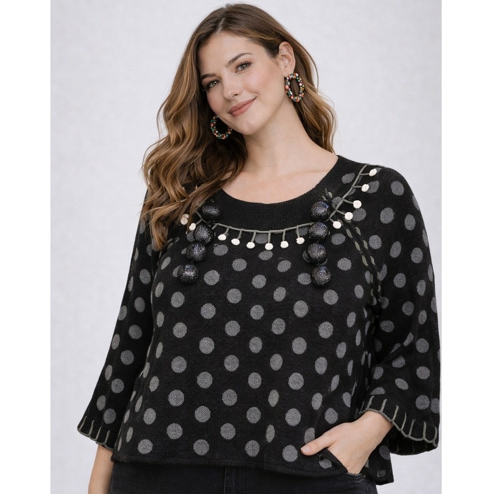 VTG 90s Womens Sweater M Black Polka Dot Poncho Cape Embellished Retro Artsy Y2K